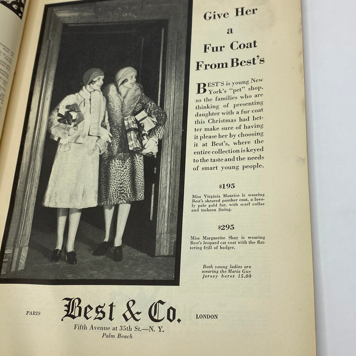 Vintage advertisement for Best & Co. from The New Yorker Complete Magazine December 15, 1928, featuring fashion items and holiday shopping themes.