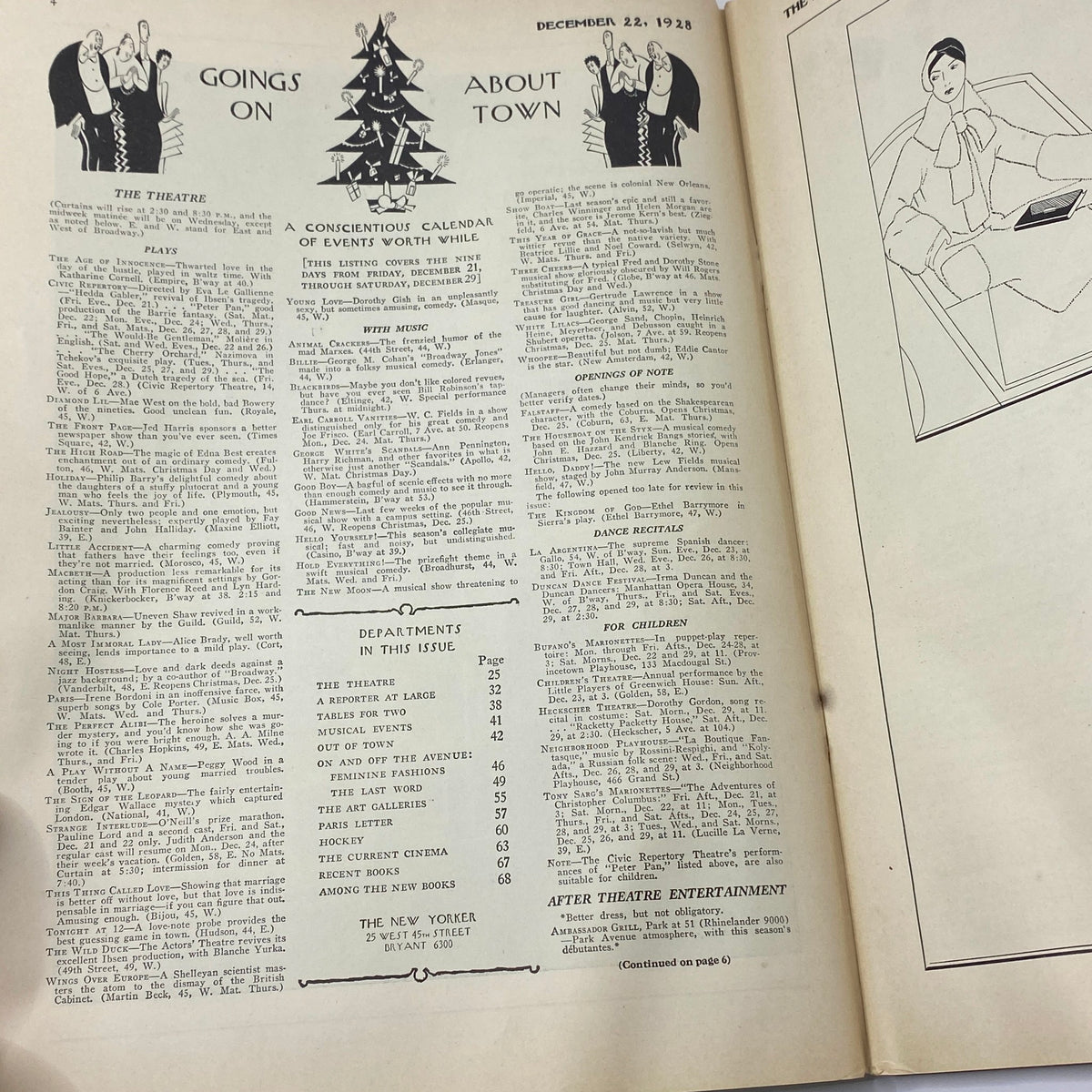 Inside page of The New Yorker Complete Magazine December 22, 1928 featuring the Goings On About Town section, showcasing cultural events and performances.