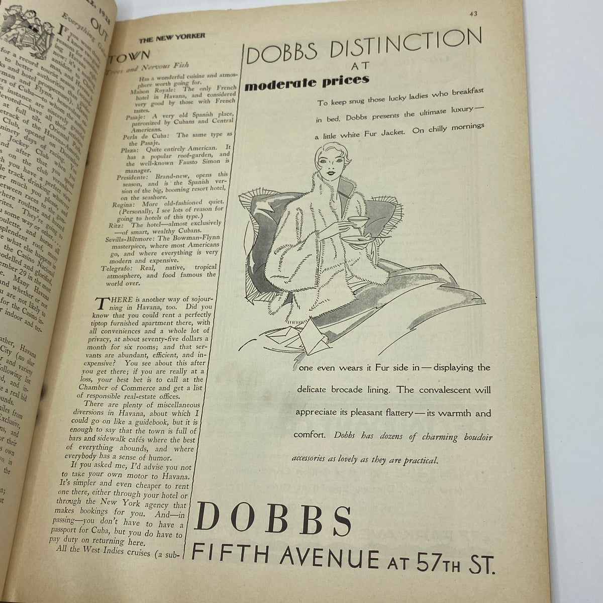 Inside page of The New Yorker Complete Magazine December 22, 1928 displaying an advertisement for Dobbs with a stylish illustration, promoting fine clothing for women.