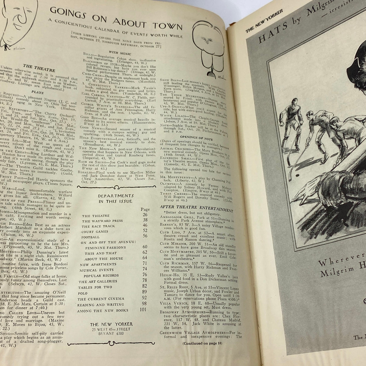 Interior pages of The New Yorker Complete Magazine from October 20, 1928, featuring articles and advertisements, showcasing the vintage style and layout from the late 1920s.