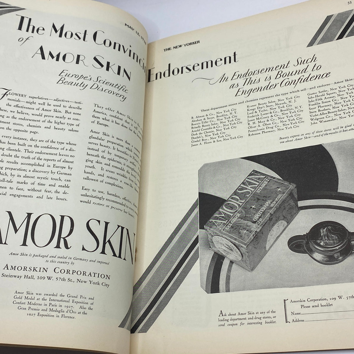 Inside page of The New Yorker Complete Magazine May 12, 1928 featuring an advertisement for Amor Skin, highlighting its benefits for beauty and confidence.