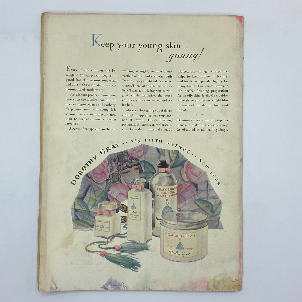 Back cover of The New Yorker Complete Magazine May 12, 1928 showcasing an advertisement for Dorothy Gray's beauty products, emphasizing skin care and personal wellness.