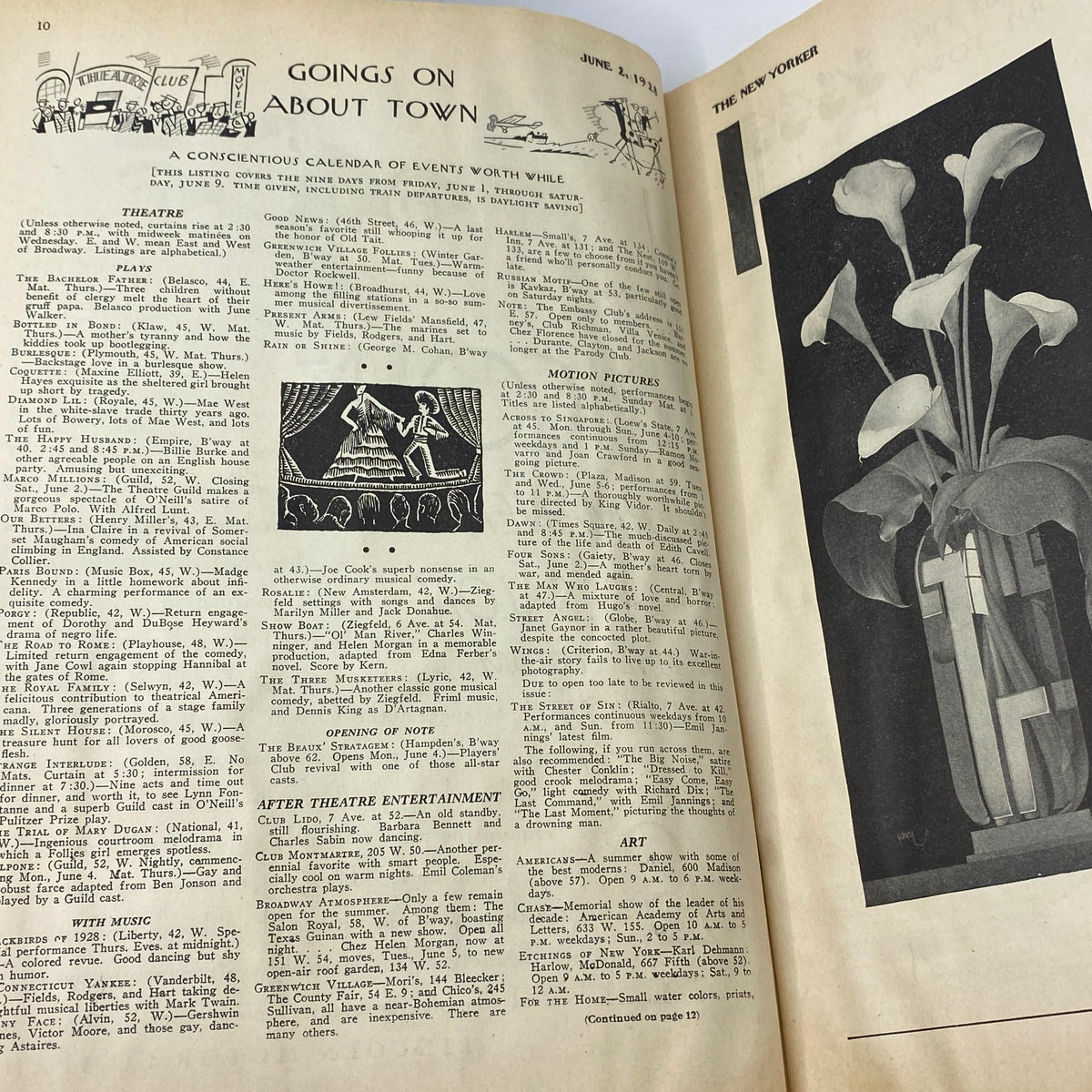 The New Yorker Complete Magazine June 2, 1928 interior page, featuring the 'Goings On About Town' section with event listings.