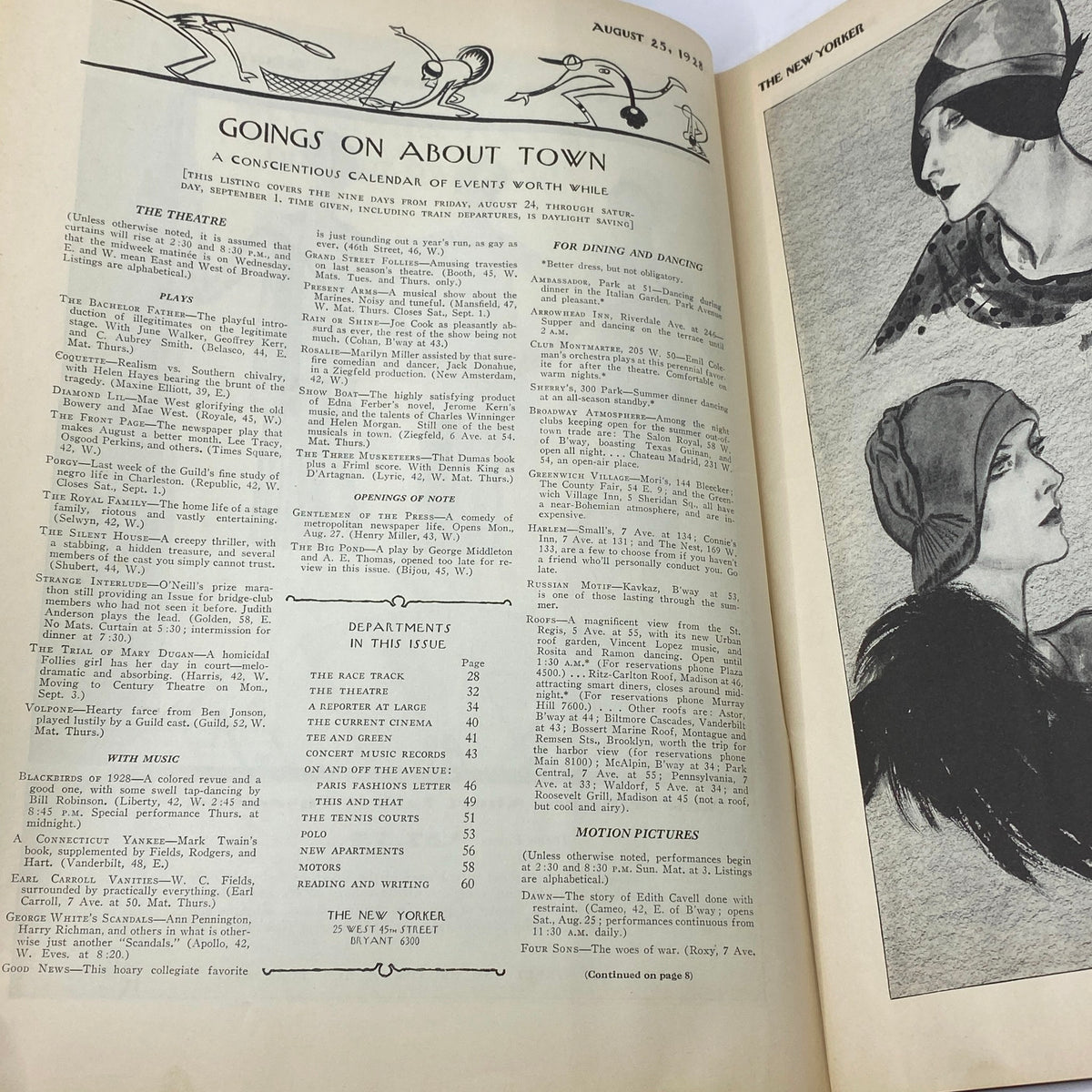 Inside spread of The New Yorker Complete Magazine August 25, 1928 featuring the Goings On About Town section, showcasing cultural events and activities of the time.