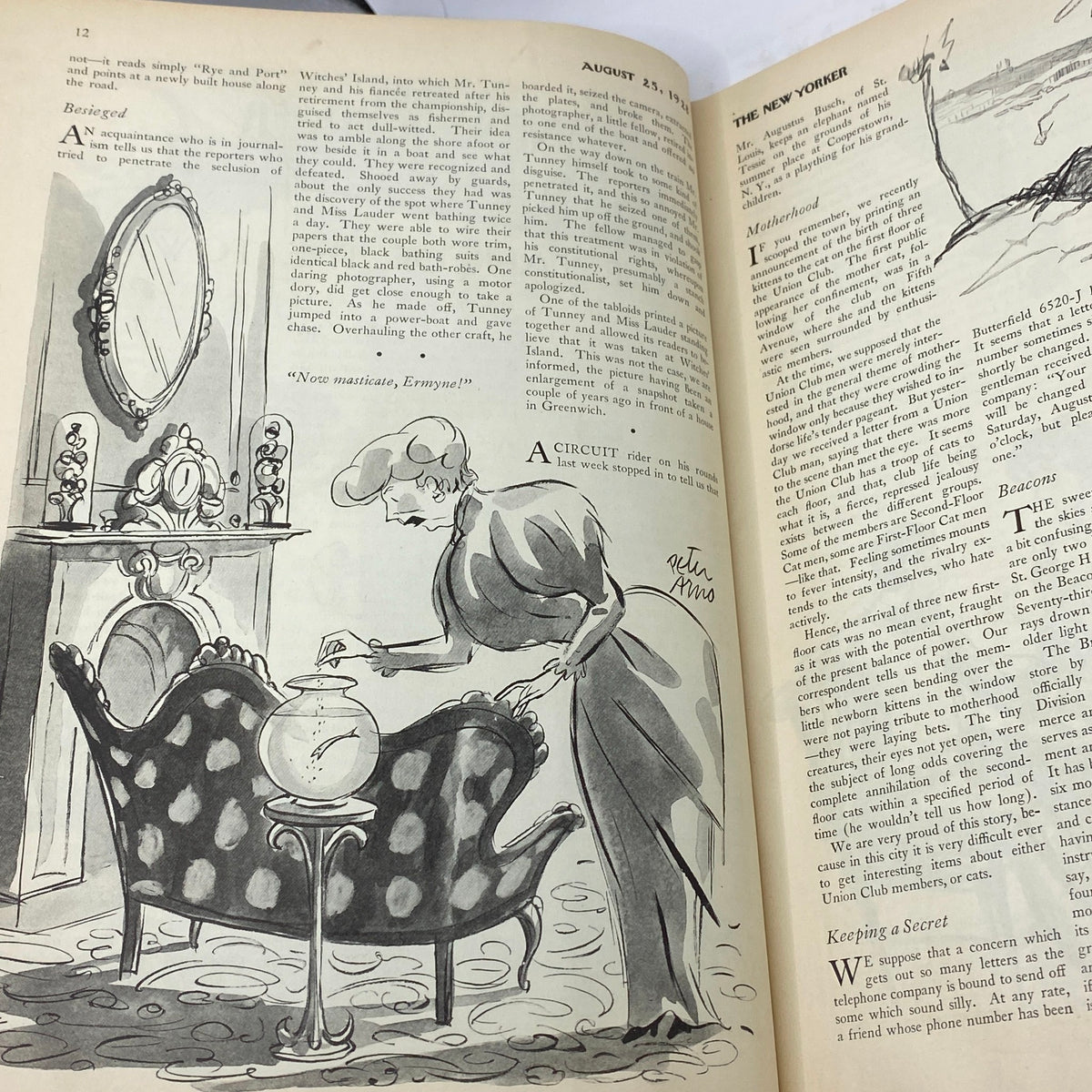 Inside view of The New Yorker Complete Magazine August 25, 1928 with a humorous illustration by artist Peter Arno, highlighting a whimsical scene typical of the magazine's content.
