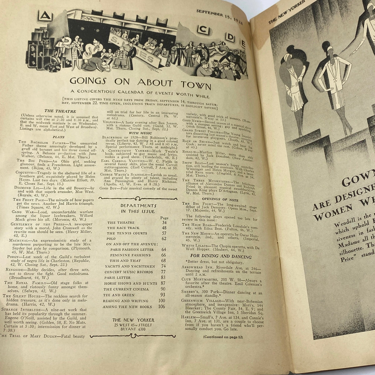 Inside page of The New Yorker magazine, September 15, 1928, featuring events calendar and department listing.