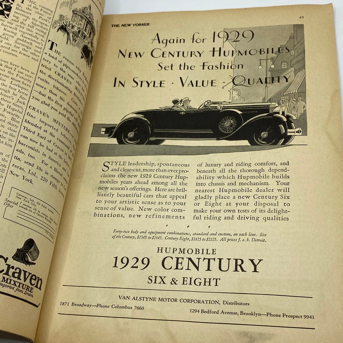 Advertisement for the 1929 New Century Hupmobile in The New Yorker magazine, September 15, 1928, showcasing style and luxury.