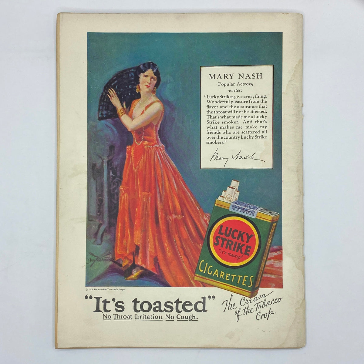 The New Yorker Complete Magazine September 15, 1928 featuring a vintage cover illustrated by Peter Arno, showcasing a glamorous woman in a red dress alongside a Lucky Strike cigarette advertisement with a quote from actress Mary Nash.