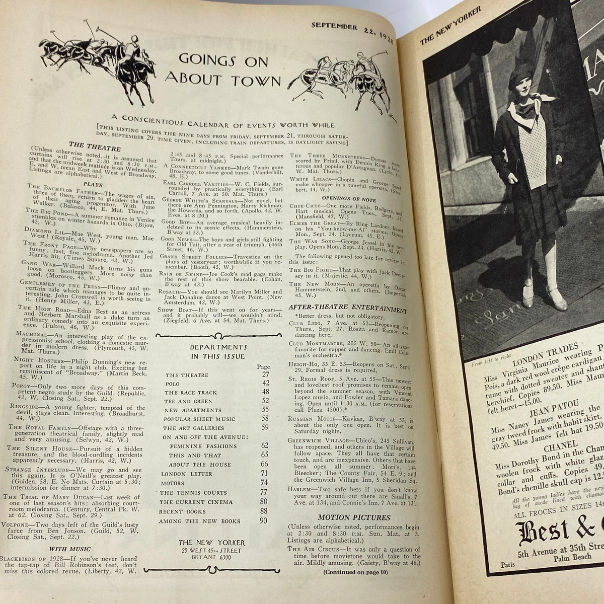 Goings On About Town section from The New Yorker Complete Magazine September 22, 1928, featuring a theatrical calendar and events worth attending.