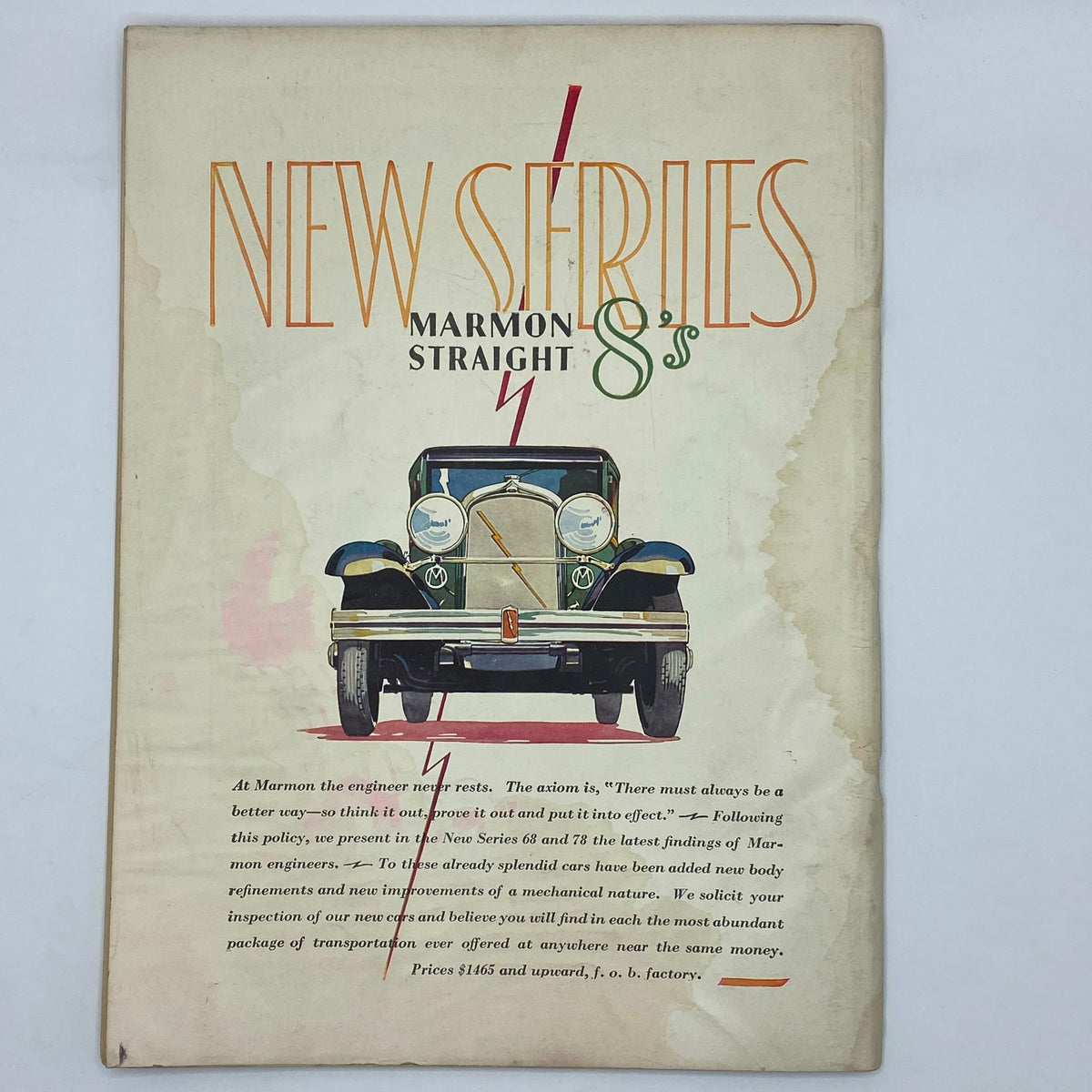 Advertise page from The New Yorker Complete Magazine September 22, 1928, featuring a colorful illustration of a Marmon automobile along with promotional text.