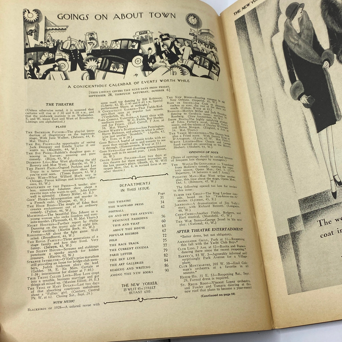 Inside page of The New Yorker Complete Magazine September 29, 1928 featuring 'Goings On About Town' calendar of events and advertisements.