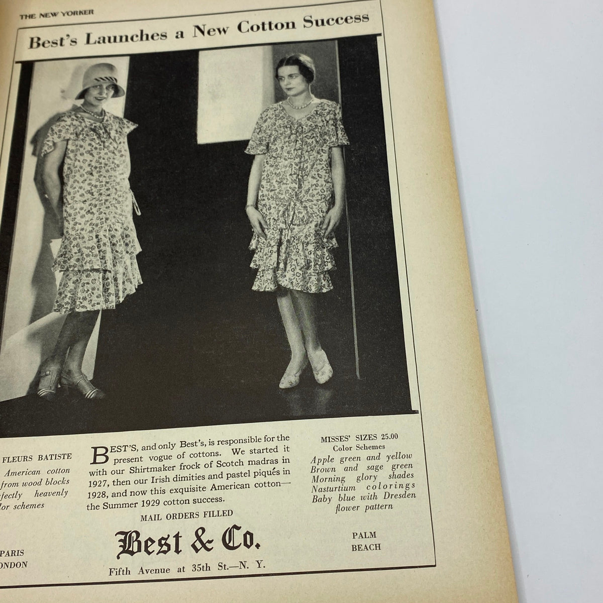 Advertisement in The New Yorker magazine from May 11, 1929, promoting Best's new cotton line featuring models in fashionable dresses.