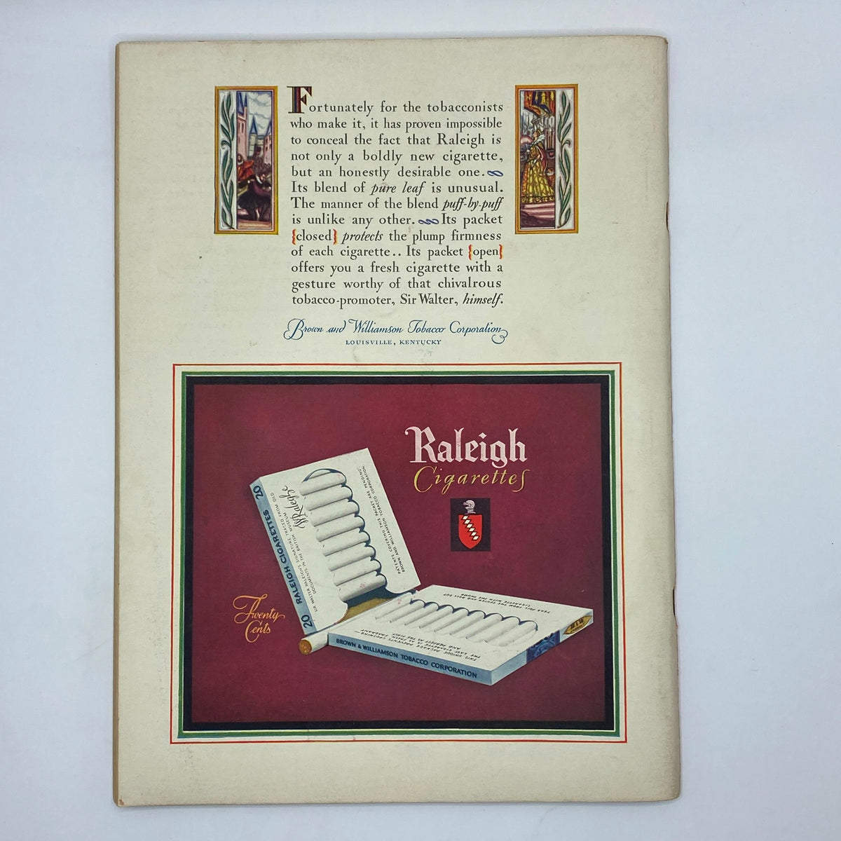 Back cover of The New Yorker magazine from May 11, 1929, showcasing an advertisement for Raleigh Cigarettes.