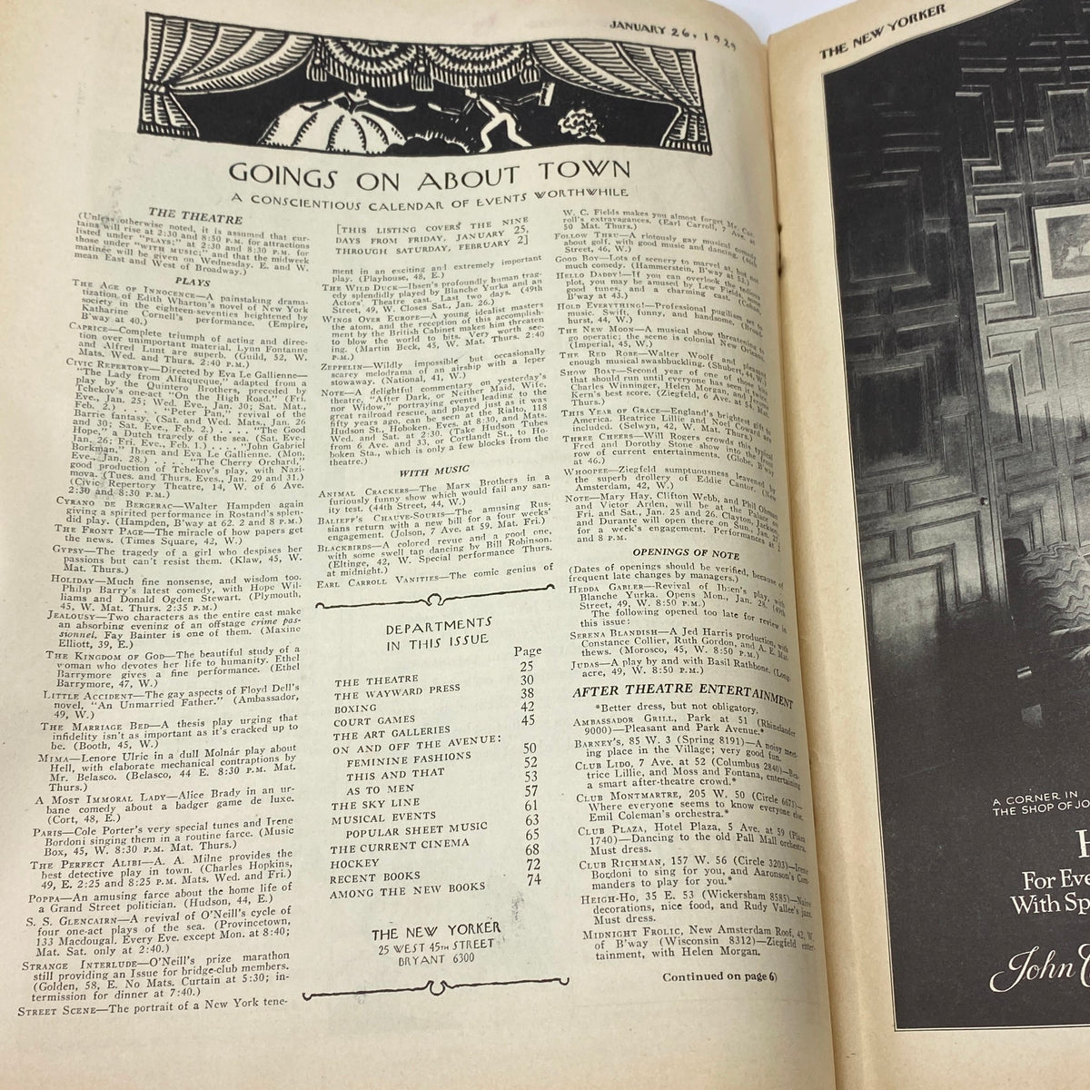 The New Yorker Complete Magazine January 26, 1929, displaying an interior page titled 'Goings On About Town', showcasing vintage content and layout.