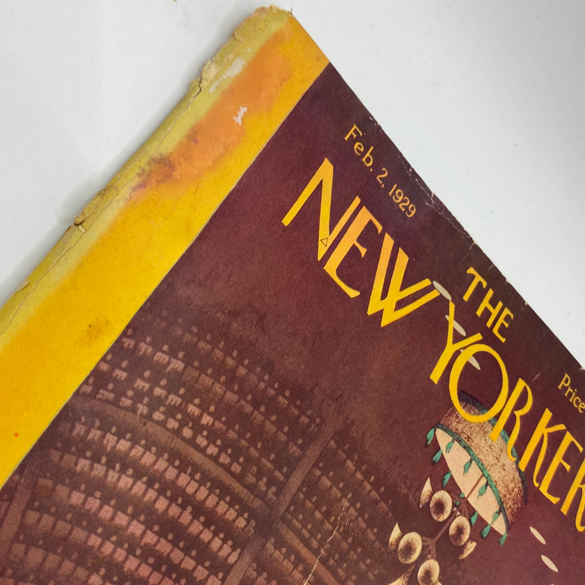 Close-up view of the faded cover of The New Yorker Complete Magazine February 2, 1929 by Sue Williams, showcasing the vintage artwork and price information.