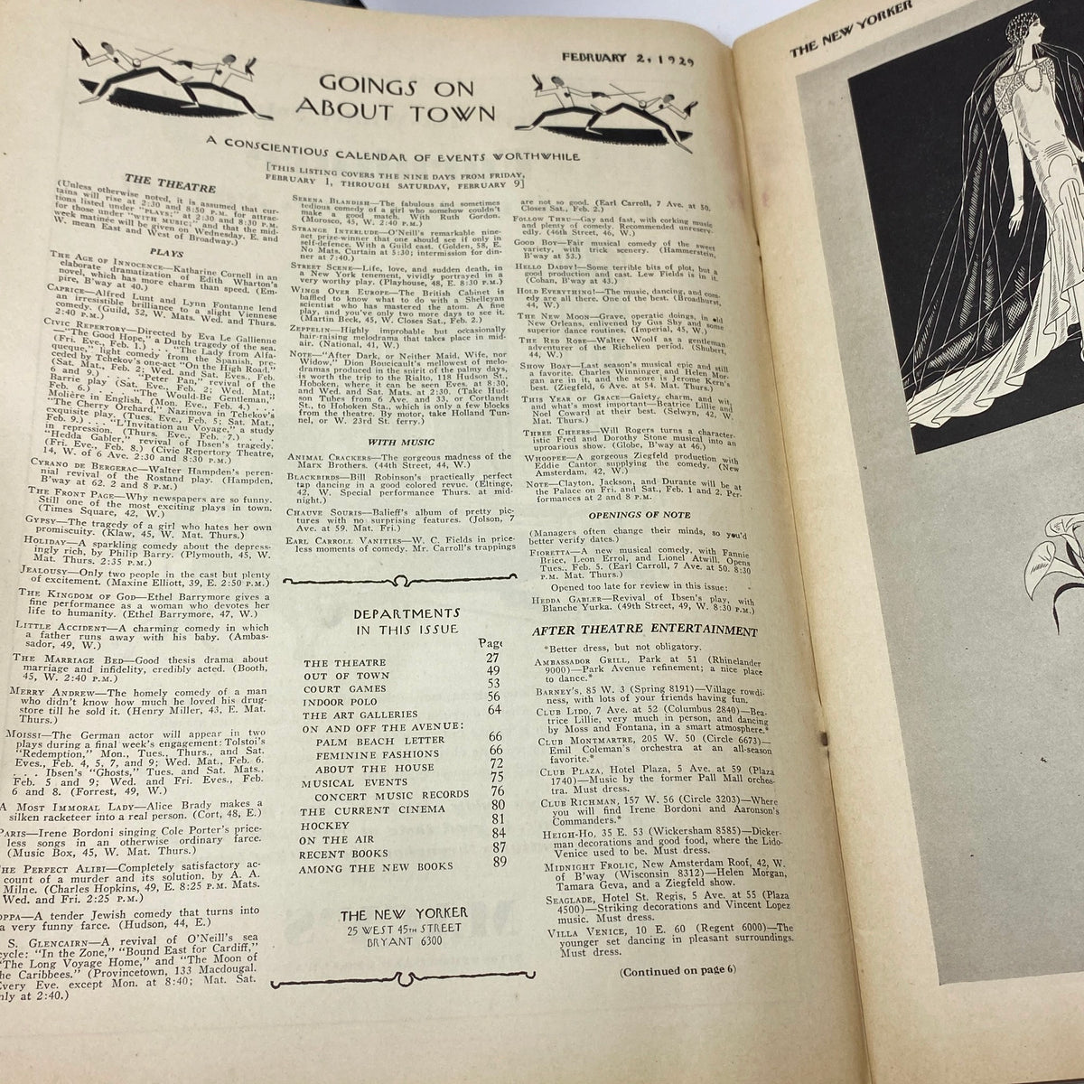 Inside page of The New Yorker Complete Magazine February 2, 1929 featuring the 'Goings On About Town' calendar of events, indicative of the era's cultural offerings.