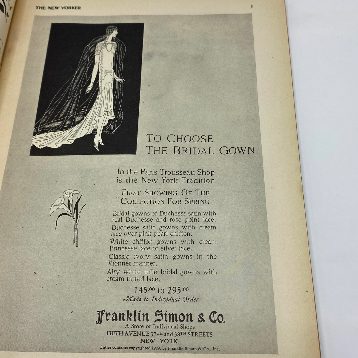 Another interior page from The New Yorker Complete Magazine February 2, 1929 displaying an advertisement for bridal gowns, highlighting fashion trends of the late 1920s.