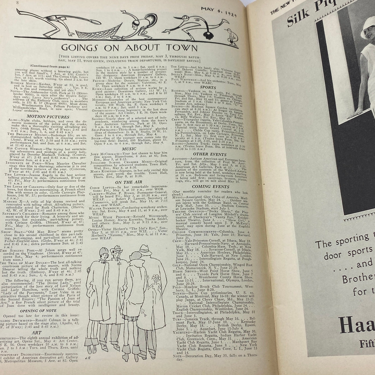 Inside page of The New Yorker magazine from May 4, 1929, featuring the 'Goings on About Town' column, showcasing the cultural conversations of the time.