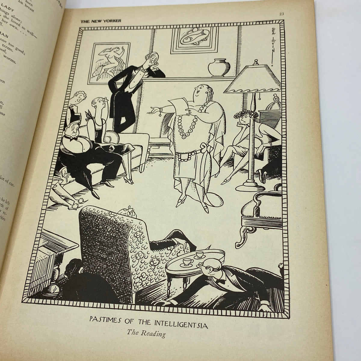 Illustration from The New Yorker magazine dated May 4, 1929, titled 'Pastimes of the Intelligentsia,' depicting a humorous gathering in a living room.