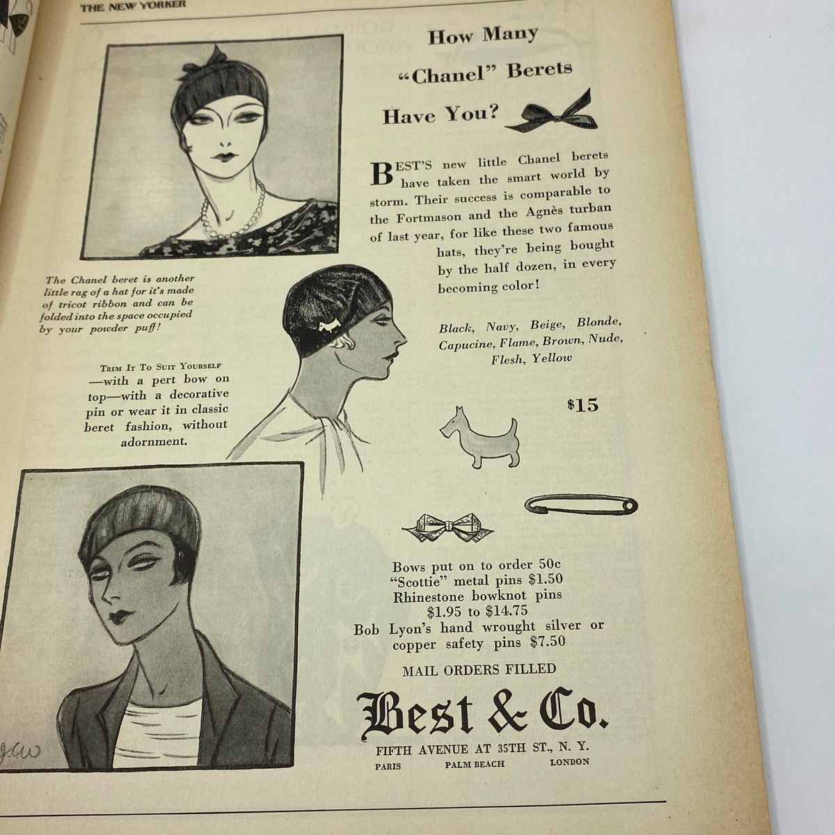 Advertisement page from The New Yorker Complete Magazine March 23, 1929 featuring Chanel berets and a stylish illustration.