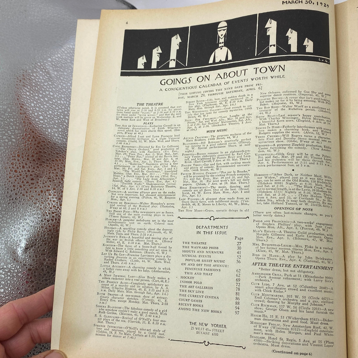 The New Yorker Complete Magazine March 30, 1929 features 'Goings on About Town' article, showcasing a calendar of events worth attending.