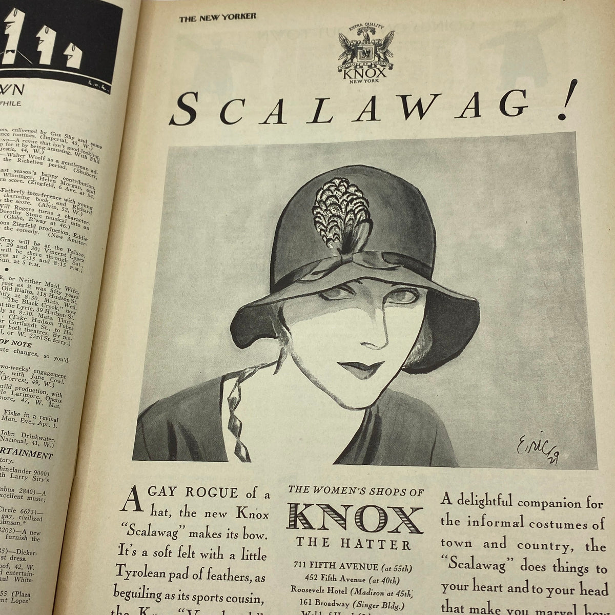 The New Yorker Complete Magazine March 30, 1929 includes an advertisement for 'Scalawag!' by Knox The Hatter, featuring an elegant hat illustration.