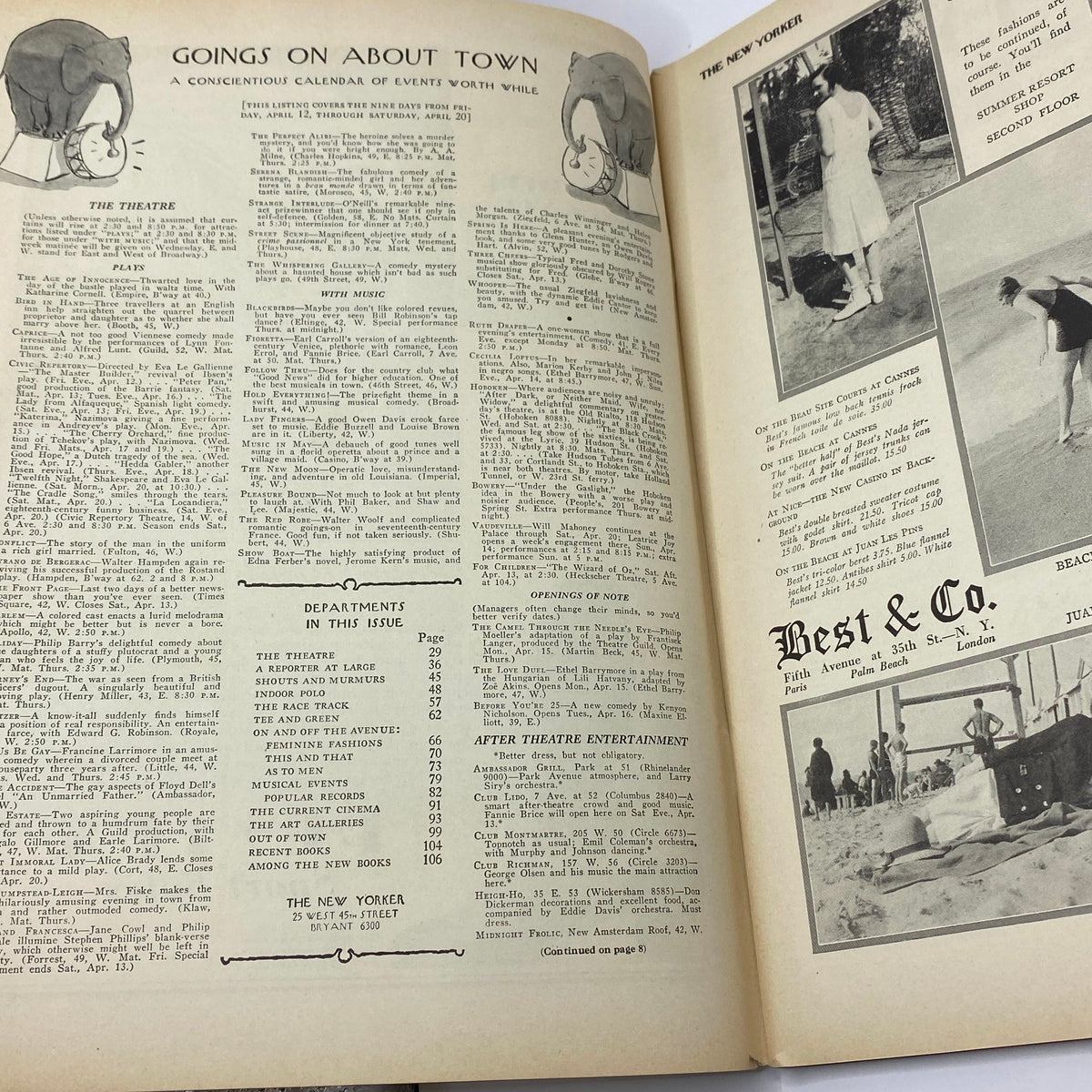 Interior page of The New Yorker Complete Magazine April 13, 1929 featuring the section 'Goings On About Town' and a calendar of events.