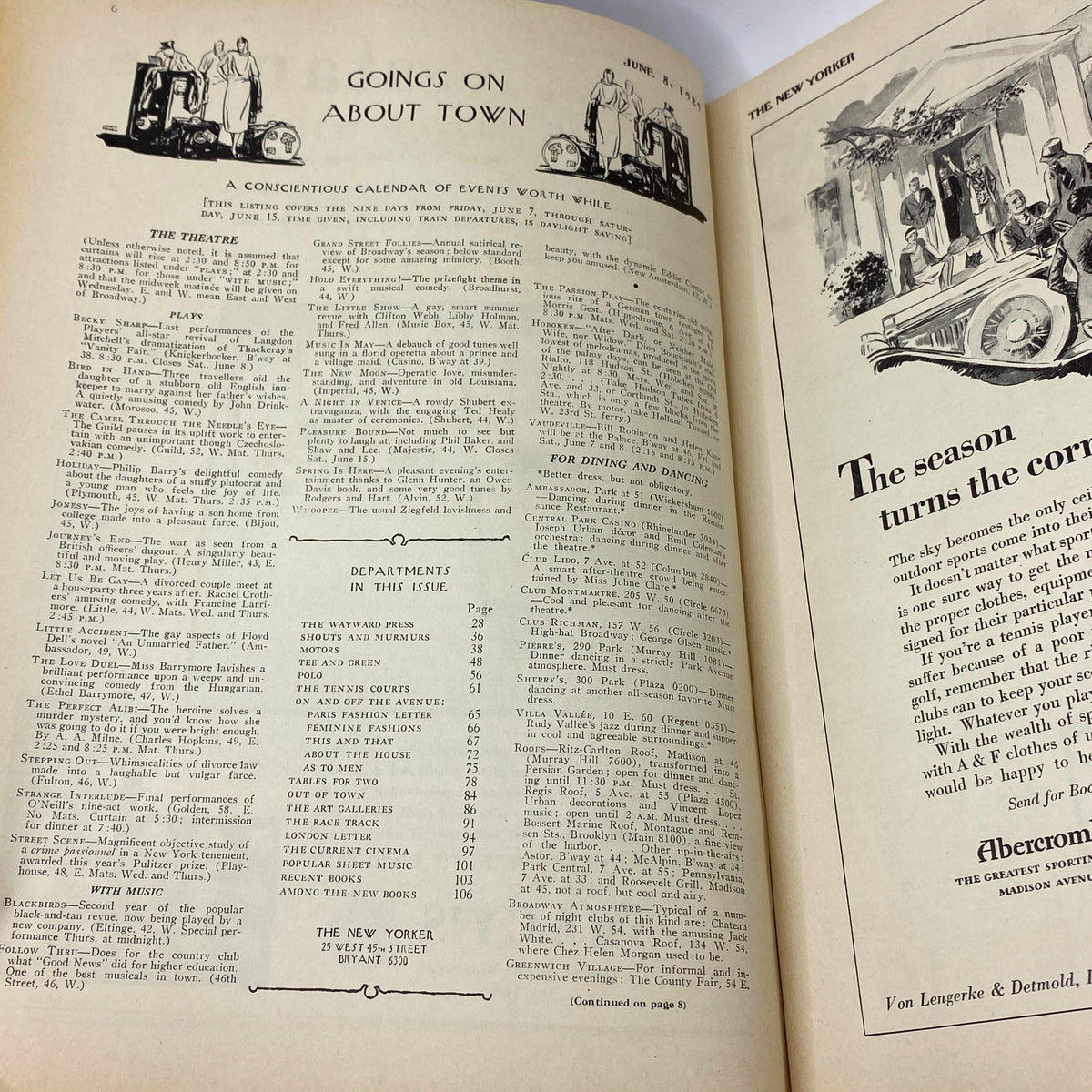 Interior page of The New Yorker Complete Magazine June 8, 1929 featuring 'Goings On About Town', a calendar of events, highlighting theater, music, and dining options relevant to that issue.