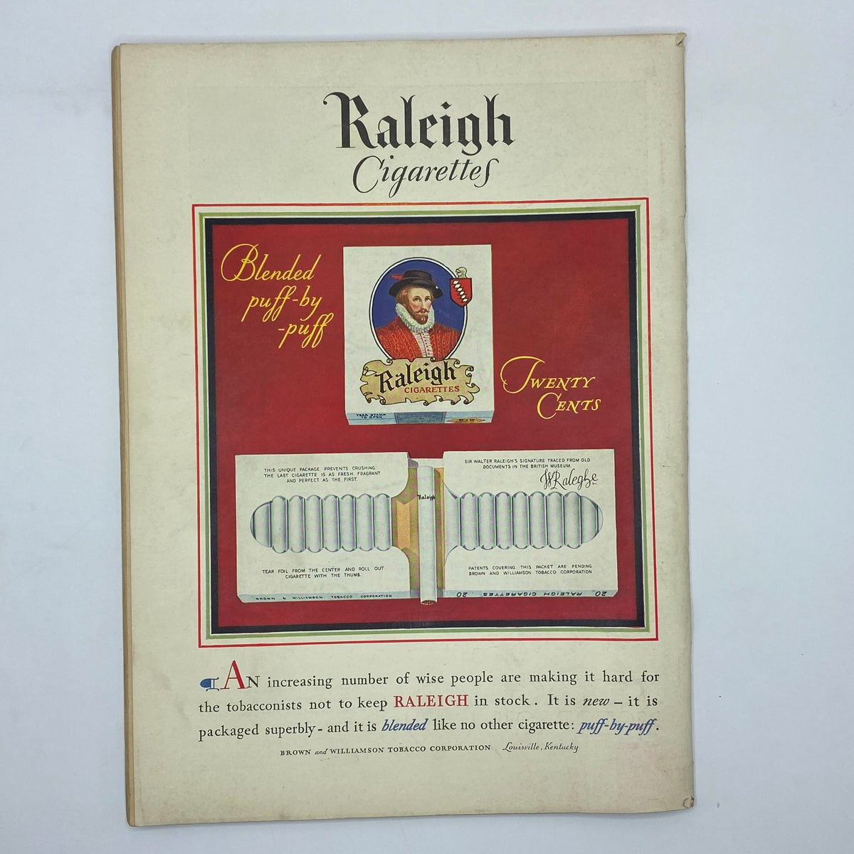 Advertisement for Raleigh Cigarettes in The New Yorker Magazine from June 8, 1929, featuring a colorful design and brand logo, reflecting advertising styles of the era.