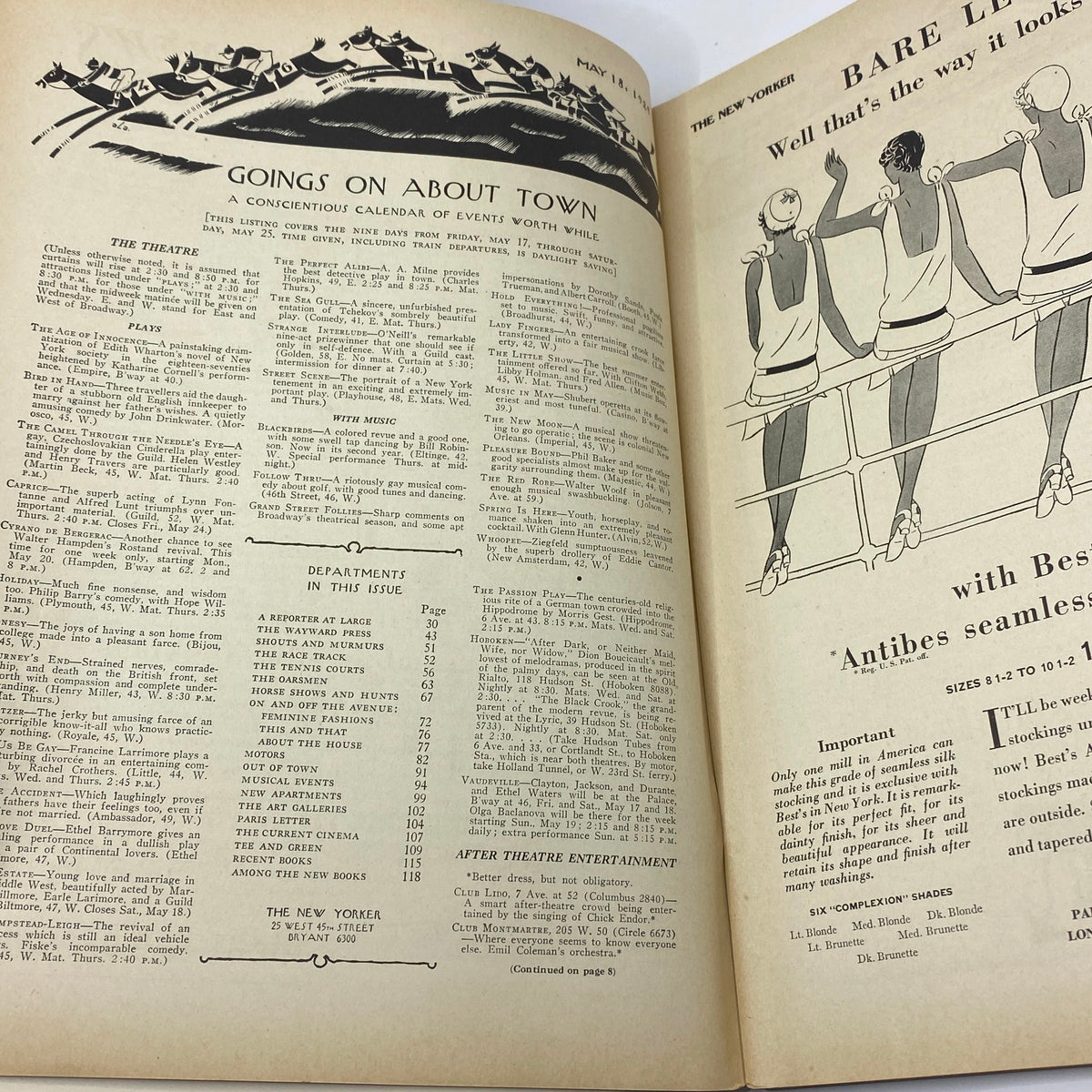 Inside page from The New Yorker Complete Magazine May 18, 1929 featuring a section titled 'Goings On About Town', showcasing events and cultural activities in early 20th-century America.