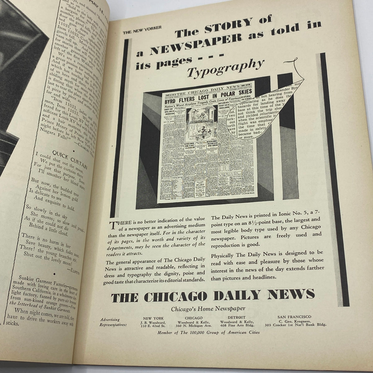 Inside page from The New Yorker Complete Magazine May 18, 1929 highlighting an article about newspapers, emphasizing the role of typography in the media.