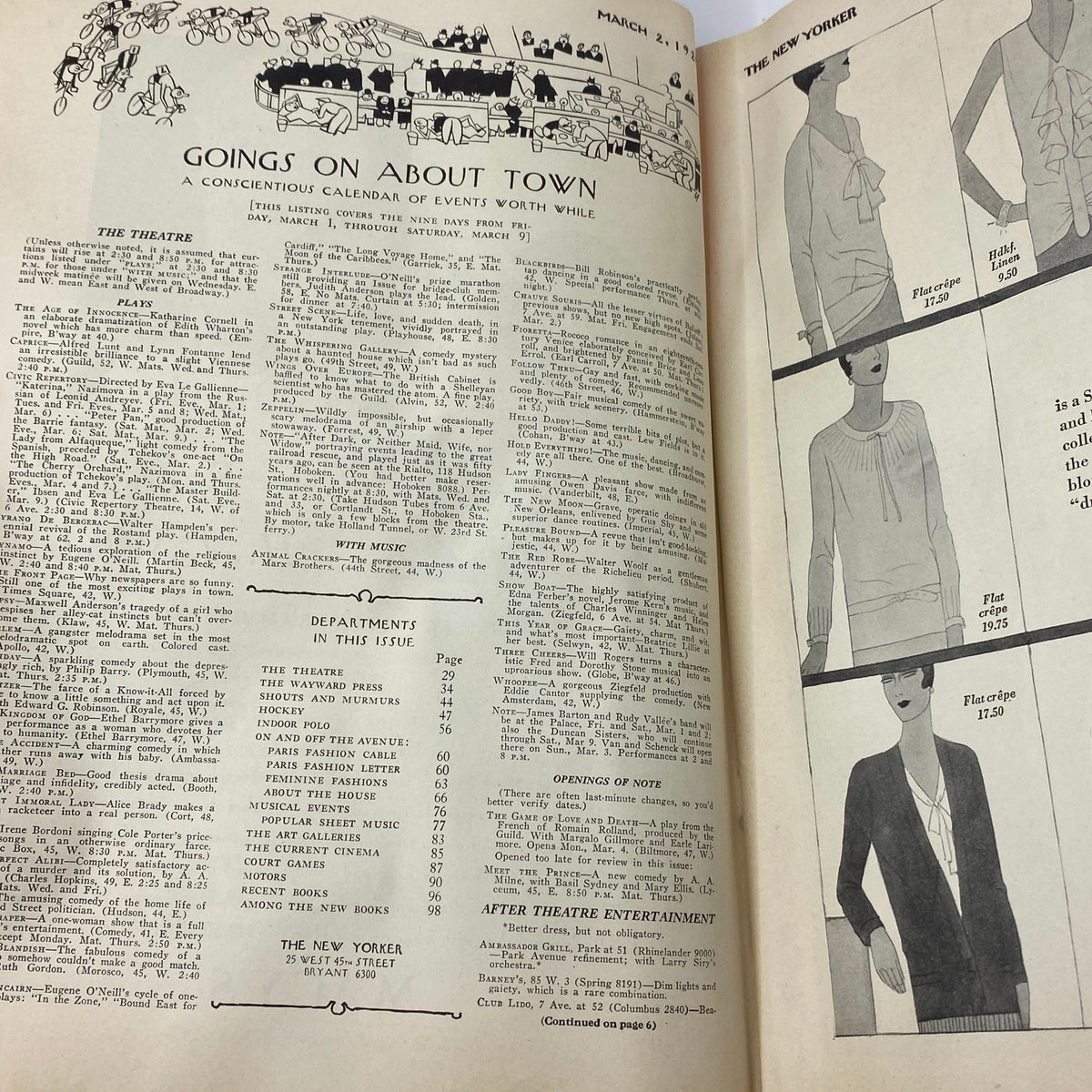 Interior pages of The New Yorker Complete Magazine March 2, 1929, displaying the 'Goings on About Town' section with a calendar of events, illustrating the cultural context of the late 1920s.