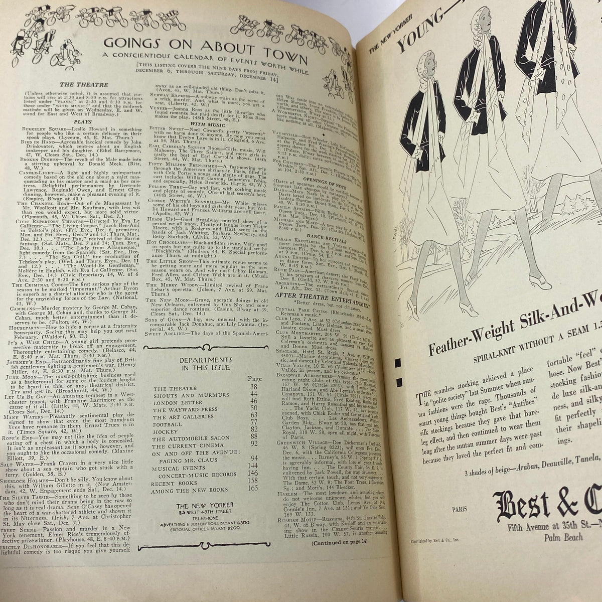 Interior page of The New Yorker Magazine from December 7, 1929, featuring events and theater listings, showcasing the cultural landscape of the late 1920s.