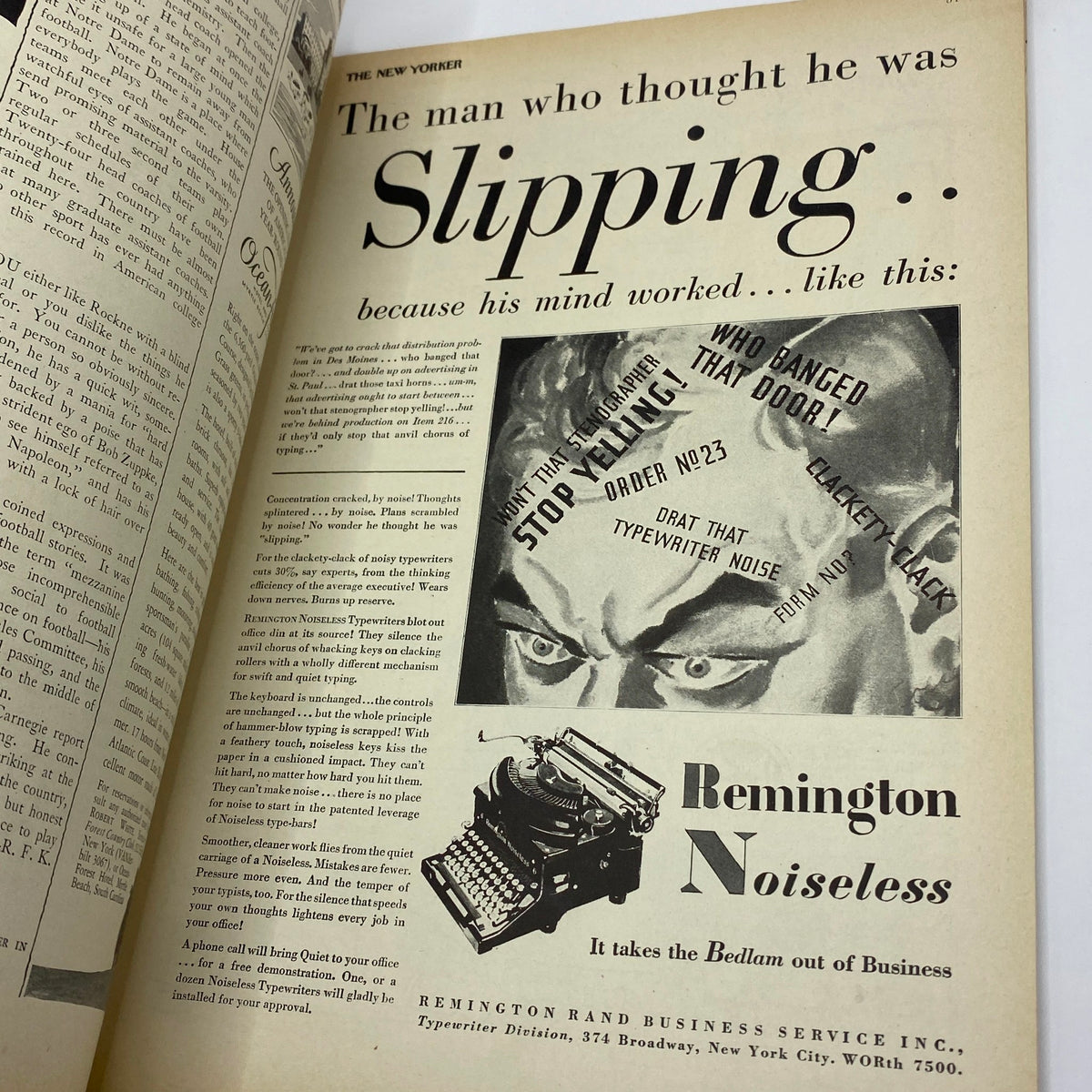 Advertising page from The New Yorker Magazine December 7, 1929, featuring a humorous ad for Remington Noiseless typewriters, illustrating the magazine's blend of wit and commerce.