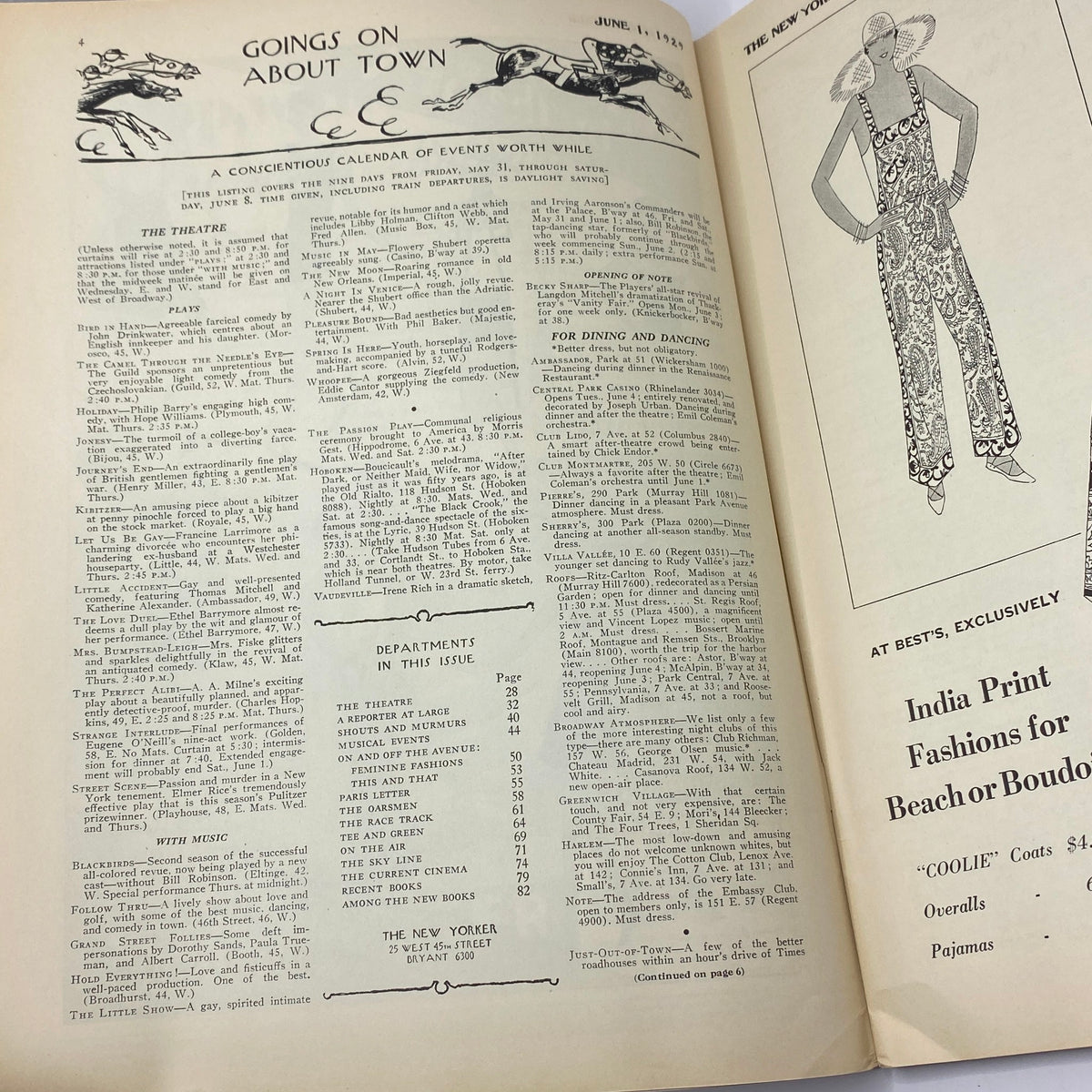 Interior page of The New Yorker Complete Magazine June 1, 1929 featuring a calendar of events and advertisements.