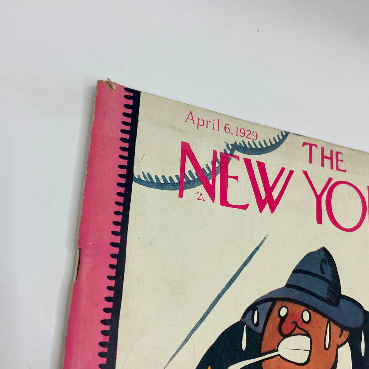 Cover corner of The New Yorker Complete Magazine April 6, 1929 Rea Irvin Cover showing date and distinctive design elements.
