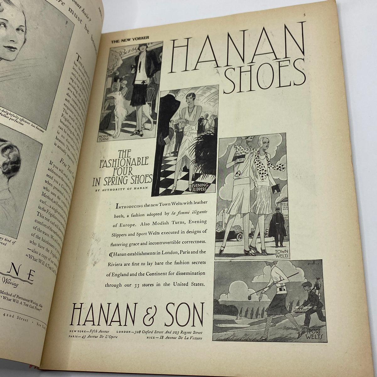 Advertisement page from The New Yorker Complete Magazine April 6, 1929 showcasing Hanan Shoes with stylish illustrations.