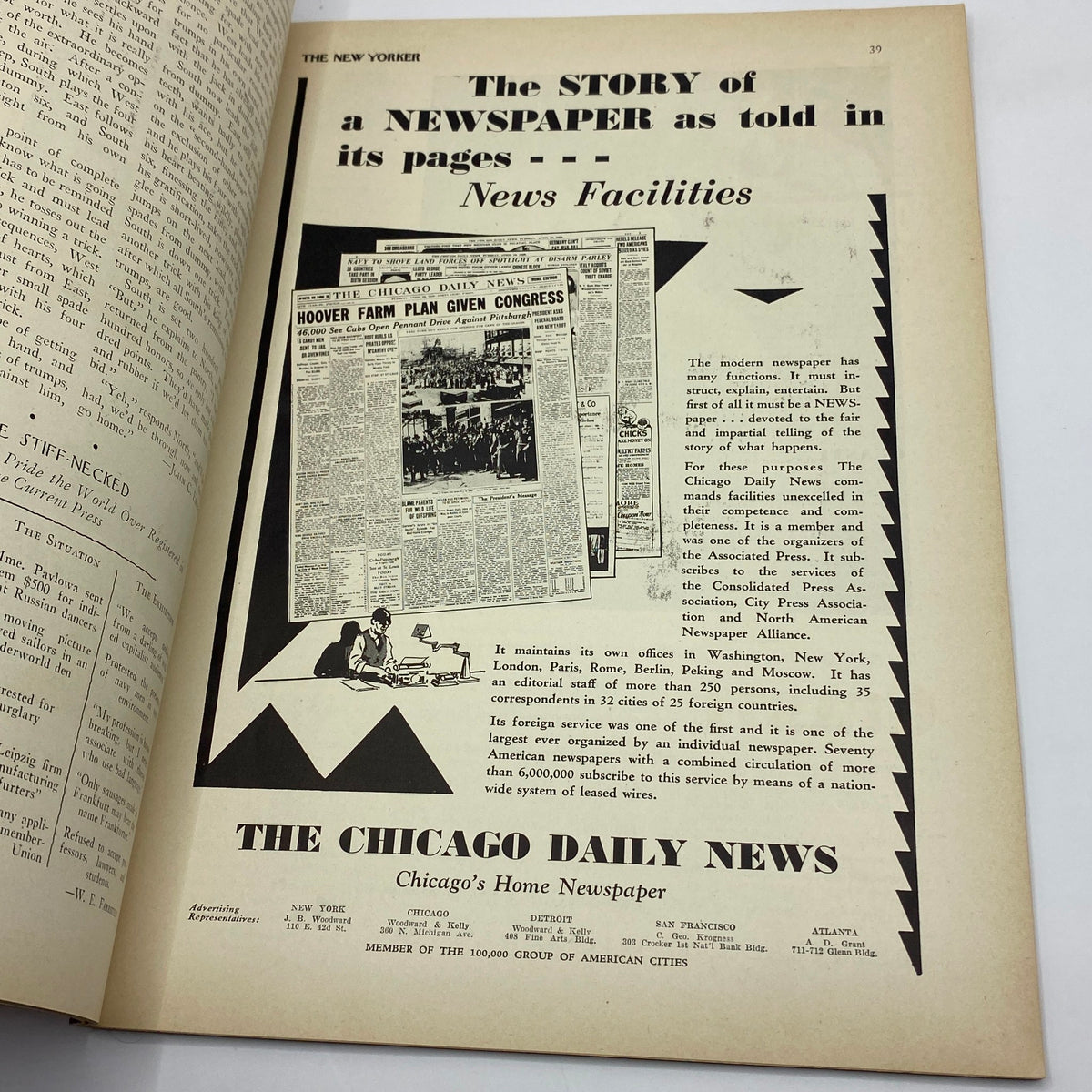 Interior page of The New Yorker magazine from June 15, 1929, displaying an advertisement for the Chicago Daily News, highlighting the newspaper's international coverage and facilities.