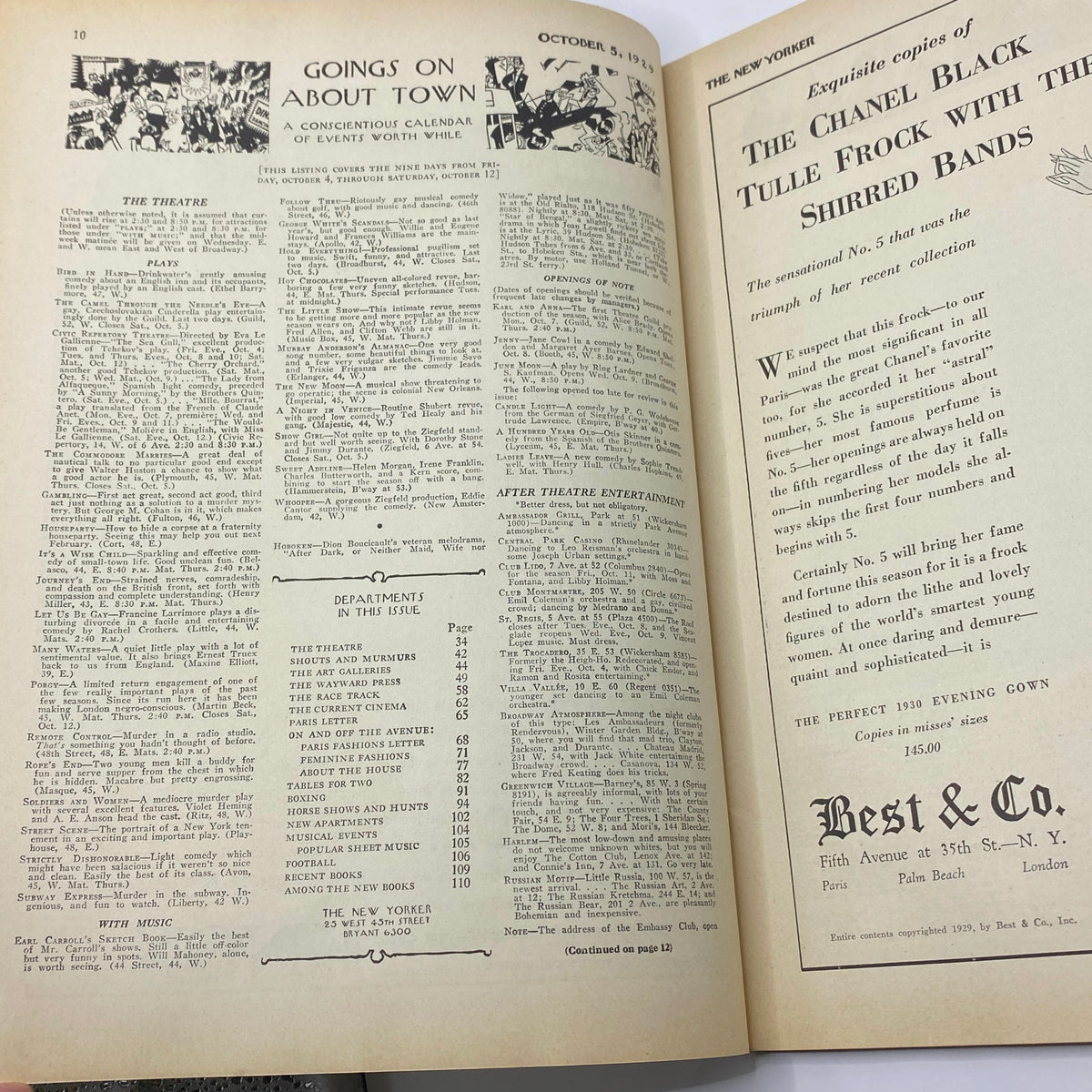 Interior pages of The New Yorker Complete Magazine October 5, 1929, showcasing event listings and advertisements from the era.