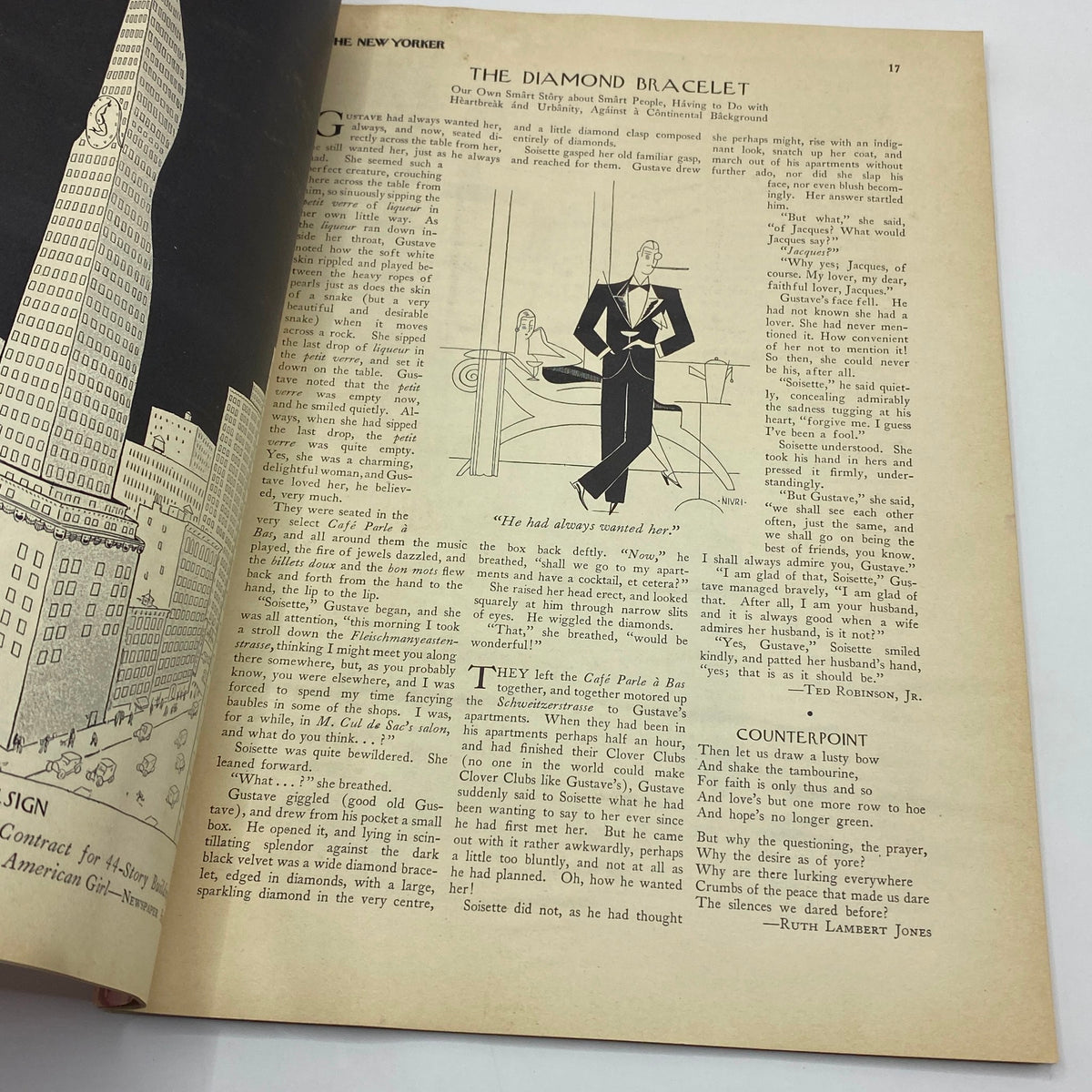Interior page from The New Yorker Complete Magazine March 9, 1929 featuring an illustration and text titled 'The Diamond Bracelet'.