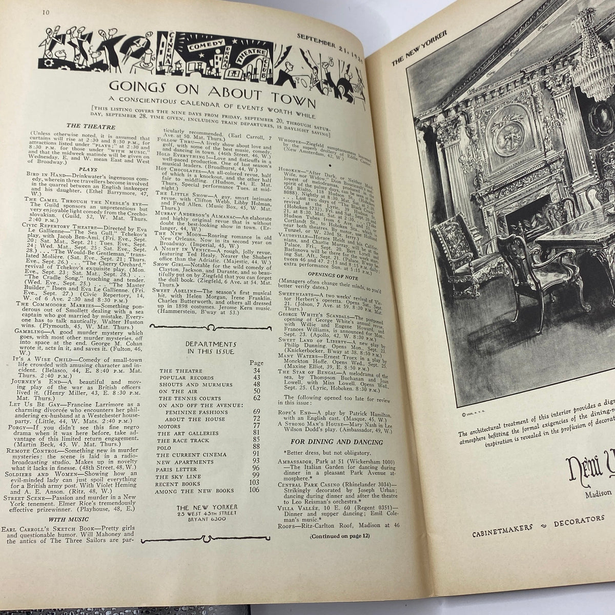 Interior page from The New Yorker magazine dated September 21, 1929, featuring a 'Goings On About Town' calendar and details about events during the vibrant late 1920s.