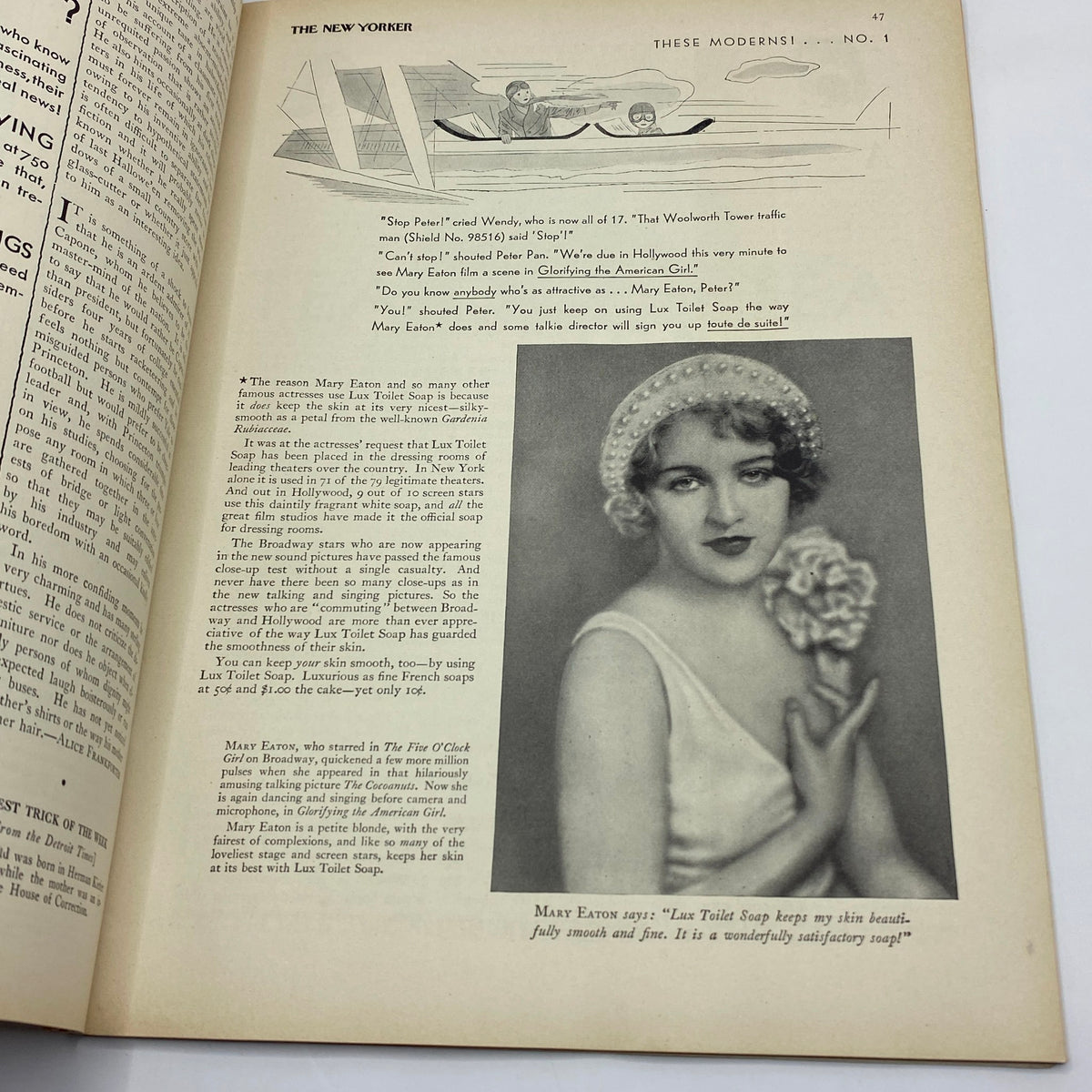 Interior page from The New Yorker magazine dated September 21, 1929, showcasing a photograph of actress Mary Eaton, emphasizing fashion and beauty of the era.