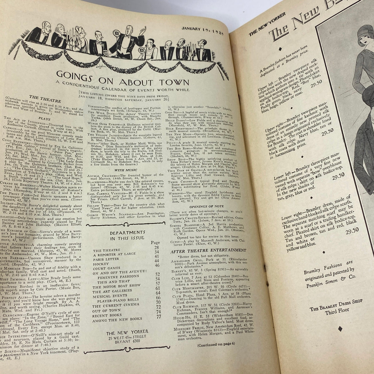 Interior page of The New Yorker Complete Magazine January 19, 1929 featuring 'Goings On About Town' section with a calendar of events and department notes.