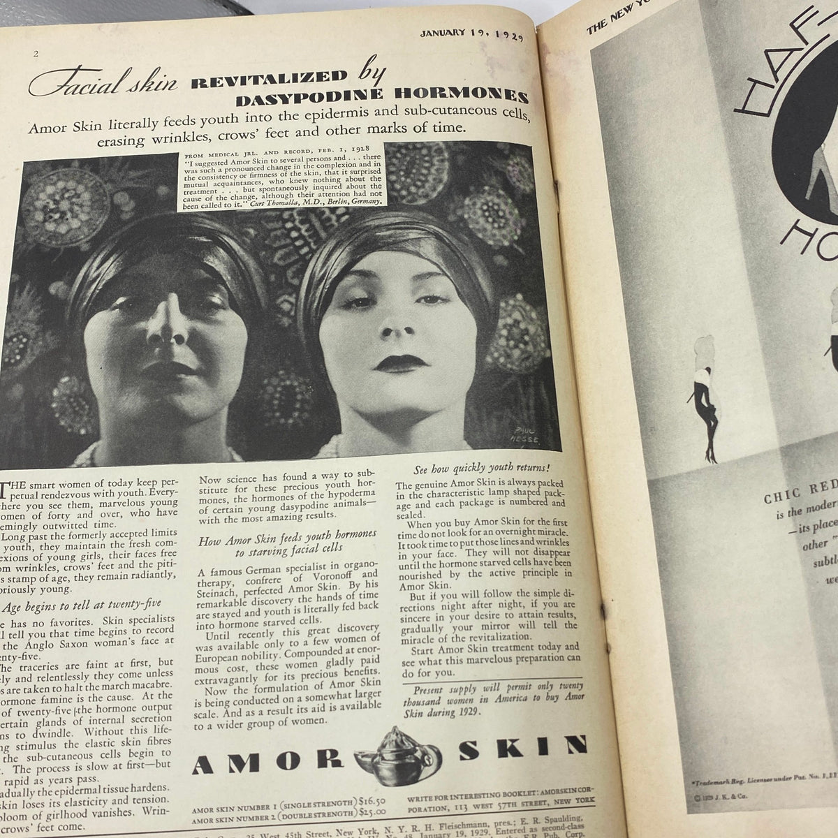 Interior page of The New Yorker Complete Magazine January 19, 1929 showcasing a vintage advertisement for 'Amor Skin' revitalizing beauty products with images of women.