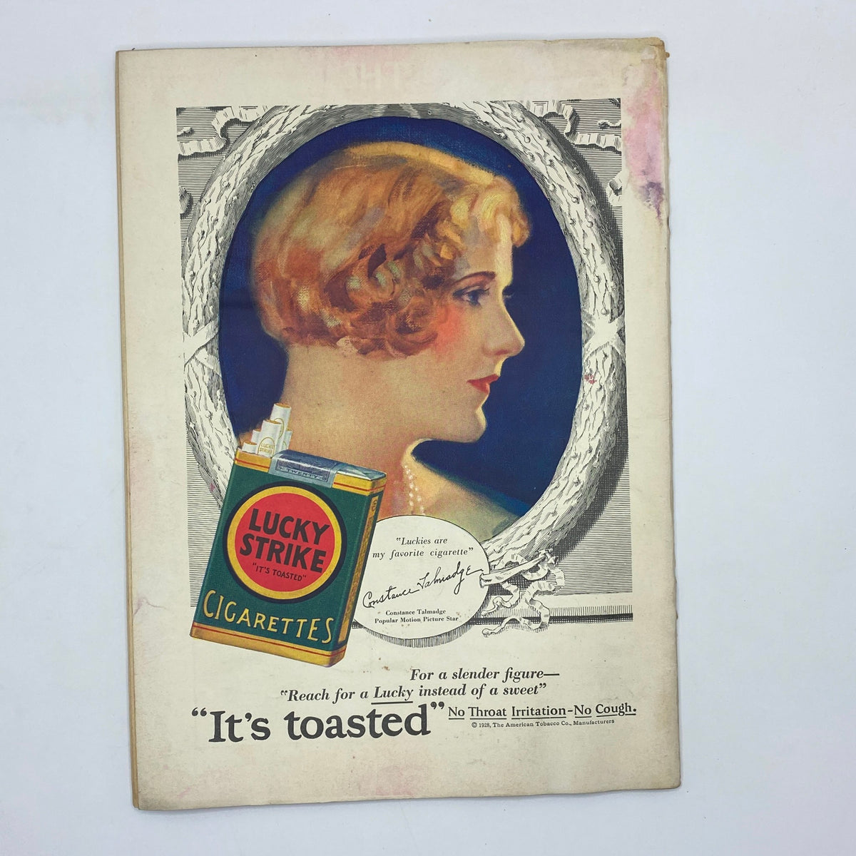 Advertisement page from The New Yorker Complete Magazine January 19, 1929 featuring a vintage ad for 'Lucky Strike Cigarettes' with an artistic illustration of a woman.