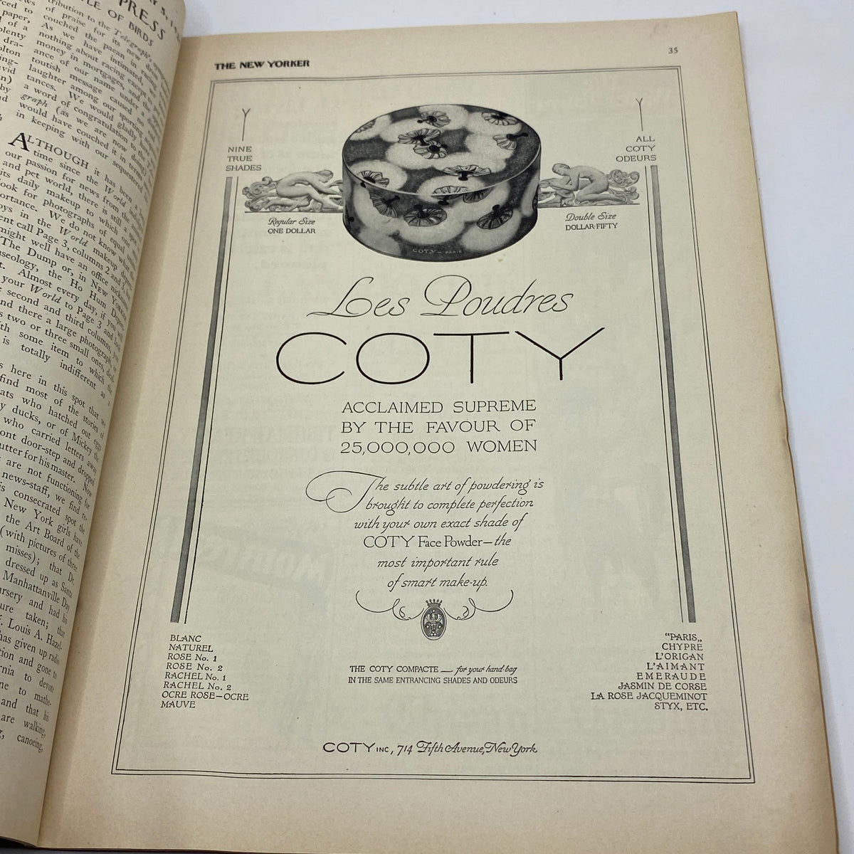 Advertisement in The New Yorker magazine January 5, 1929 for Coty cosmetics, showcasing their range of powders.