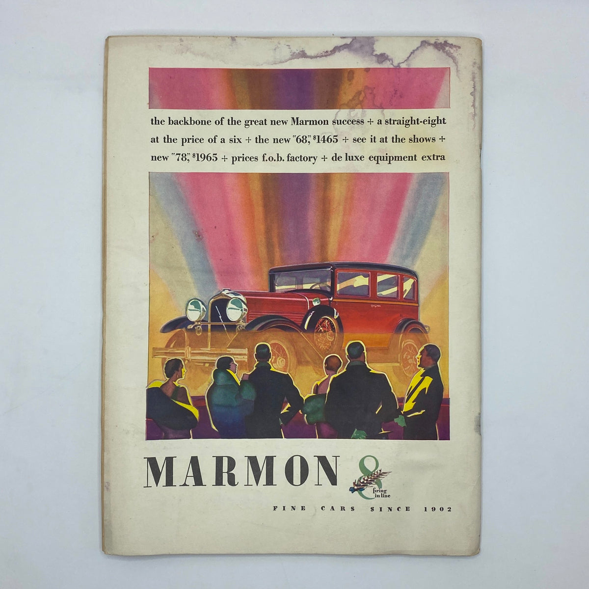 Advertisement for Marmon cars in The New Yorker magazine January 5, 1929, featuring a colorful illustration of a classic automobile.