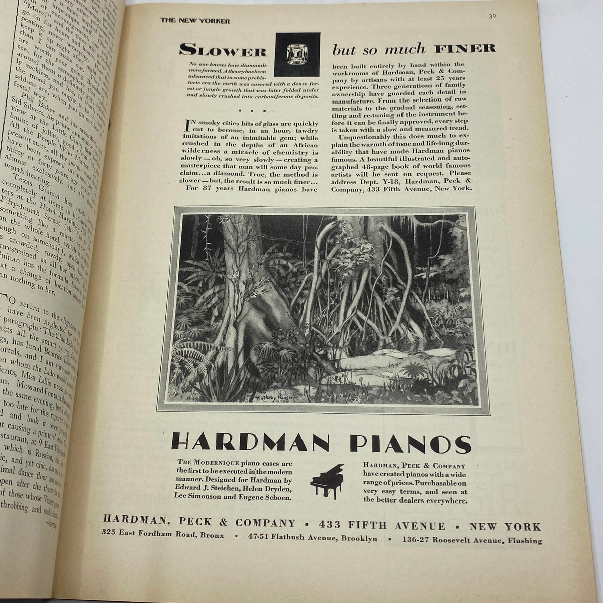 Ad page from The New Yorker Complete Magazine January 12, 1929 promoting Hardman pianos with a vintage illustration.