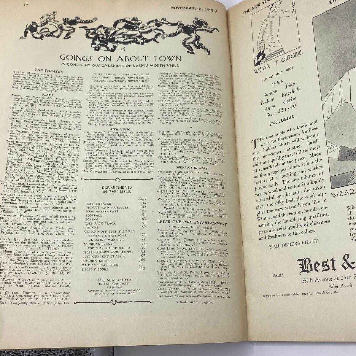 Inside view of The New Yorker Complete Magazine November 2, 1929, showcasing the 'Goings On About Town' section, highlighting events and cultural activities of the era.