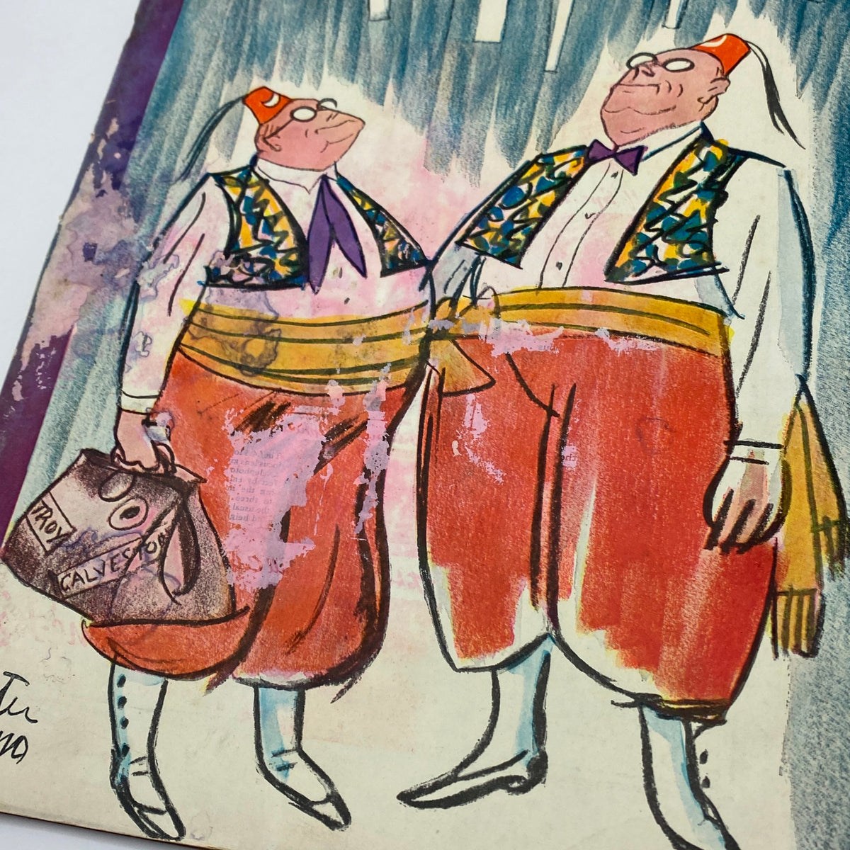 Illustration from The New Yorker Complete Magazine July 19, 1930 depicting two cartoon men in traditional attire, designed by Peter Arno.